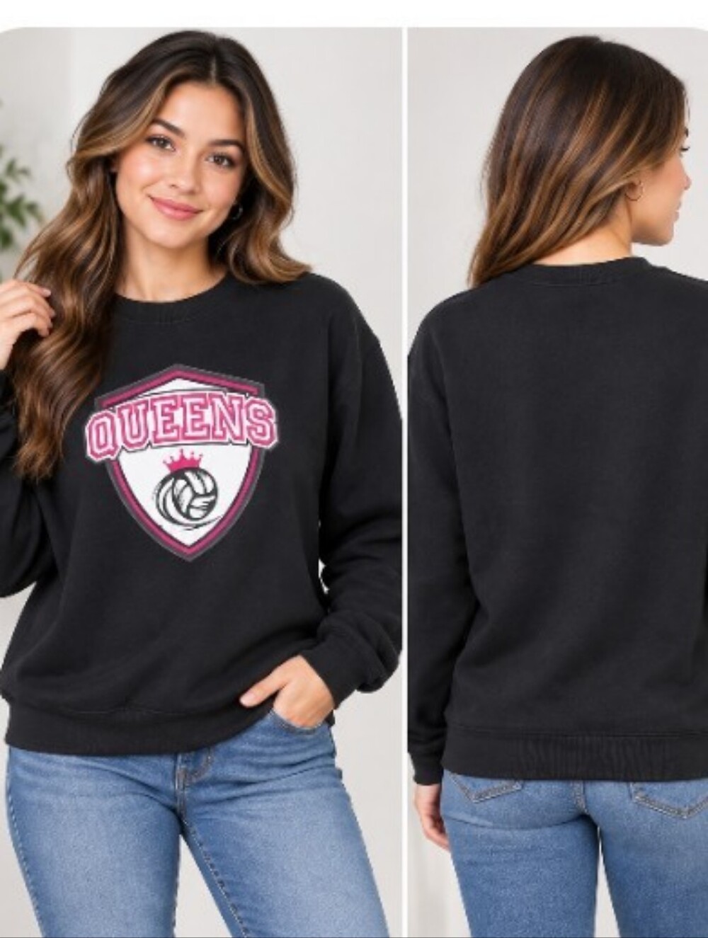 Another  Ladies Medium Bold Queens Shield Logo Crew Neck Sweatshirt black/Pink